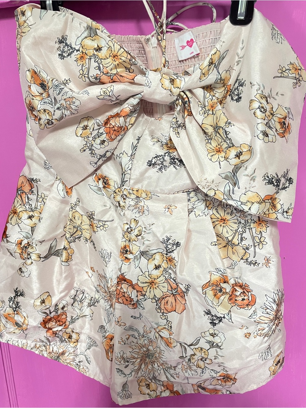Buddy Love Cream Floral Strapless Halter Top Romper with Front Bow Detail - Picture 3 of 4